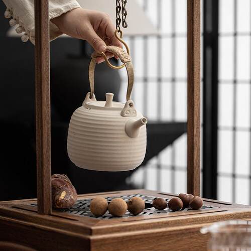自在钵茶盘煮架胡桃木桌子一体火烤炉茶桌钩烧炭围炉铁盆茶炉