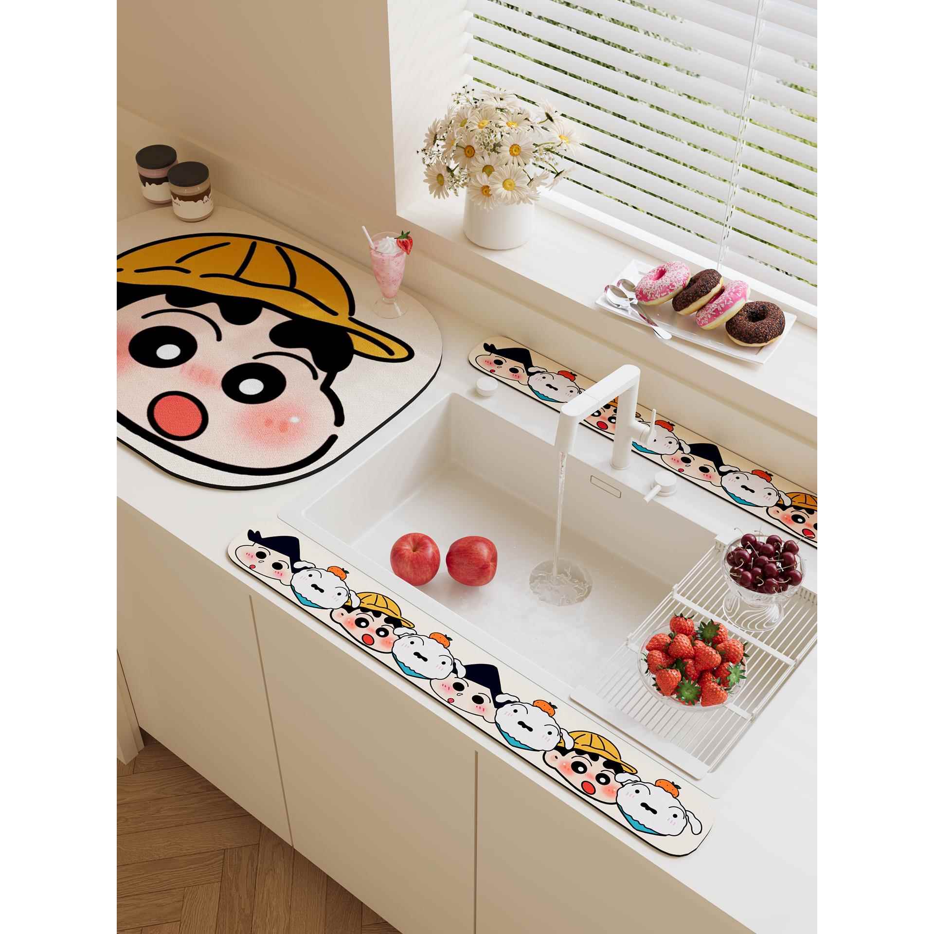 蜡笔小新厨房硅藻泥洗碗槽台面水龙头窄边防溅沥水垫洗手台吸水垫