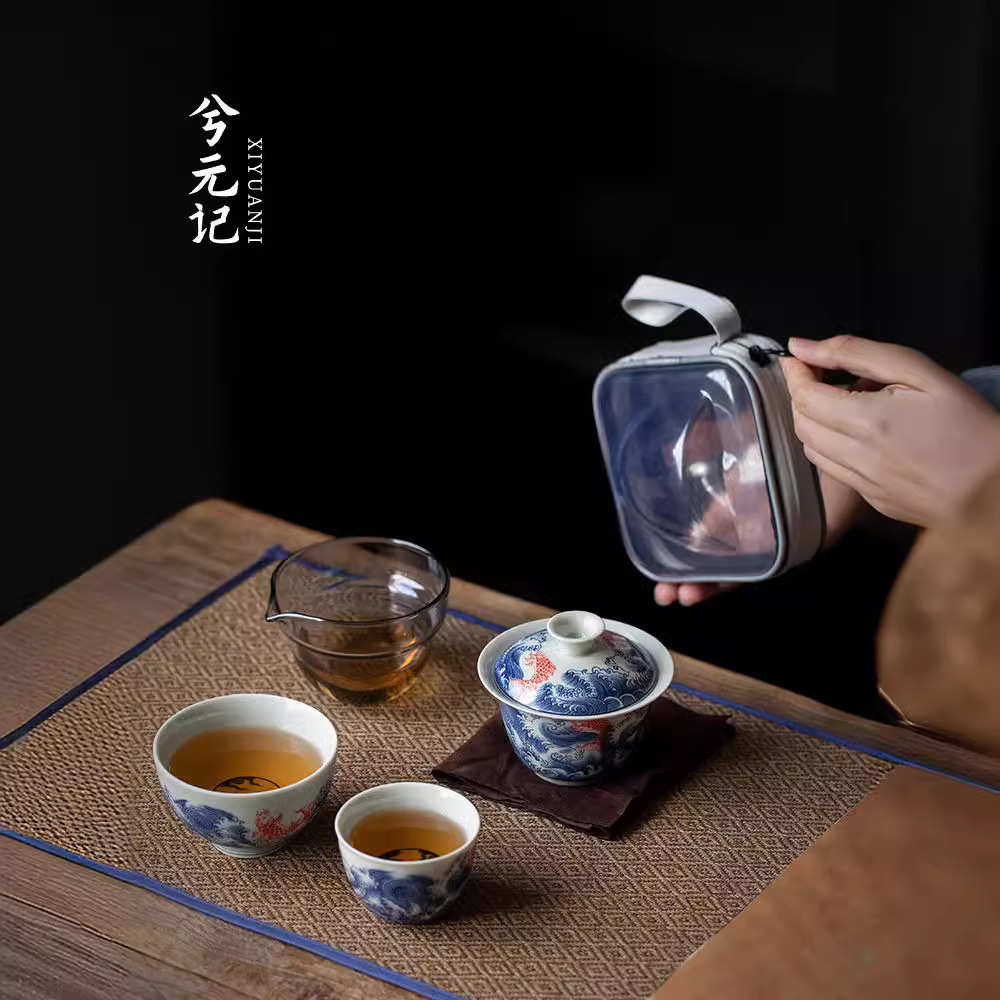 青花瓷快客杯一壶二杯旅行茶具套装便携式茶杯泡茶户外露营