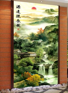 定制中国九鱼富走廊过道入口山水画壁画山水画客厅壁纸