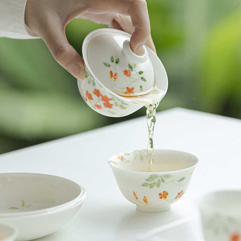己家用文人墨玉功夫泥碗盖碗彩釉陶瓷手绘器泡茶白瓷盖碗茶具下