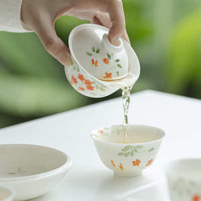 己家用文人墨玉功夫泥碗盖碗彩釉陶瓷手绘器泡茶白瓷盖碗茶具下