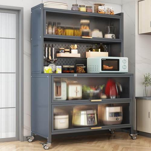 厨房餐靠边柜钢制落地碗储物墙一体柜多层置物柜架带门柜收KXG纳