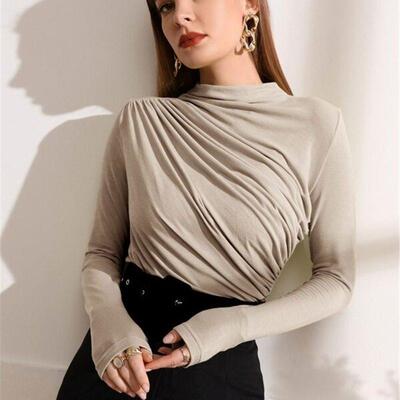 Solid Color Slim Fit Pleated Long Sleeve T-shirt Women