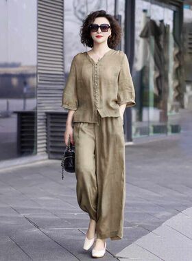 欧洲站棉麻休闲 运动套装女夏季薄款2025高级感时尚亚麻宽松两件