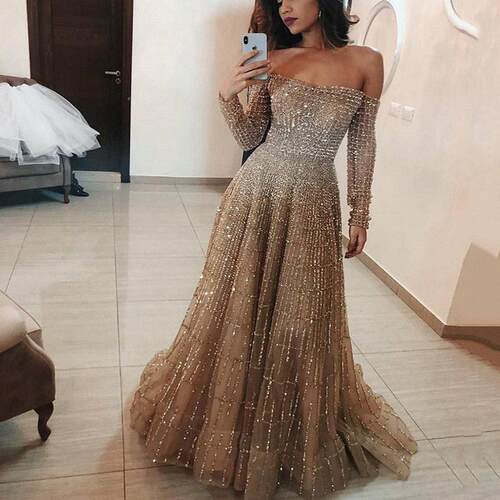 New shiny strapless long sleeved strapless dress, long