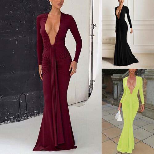 Women Burgundy Long Sleeve Maxi Dress Deep V Neck Ruched