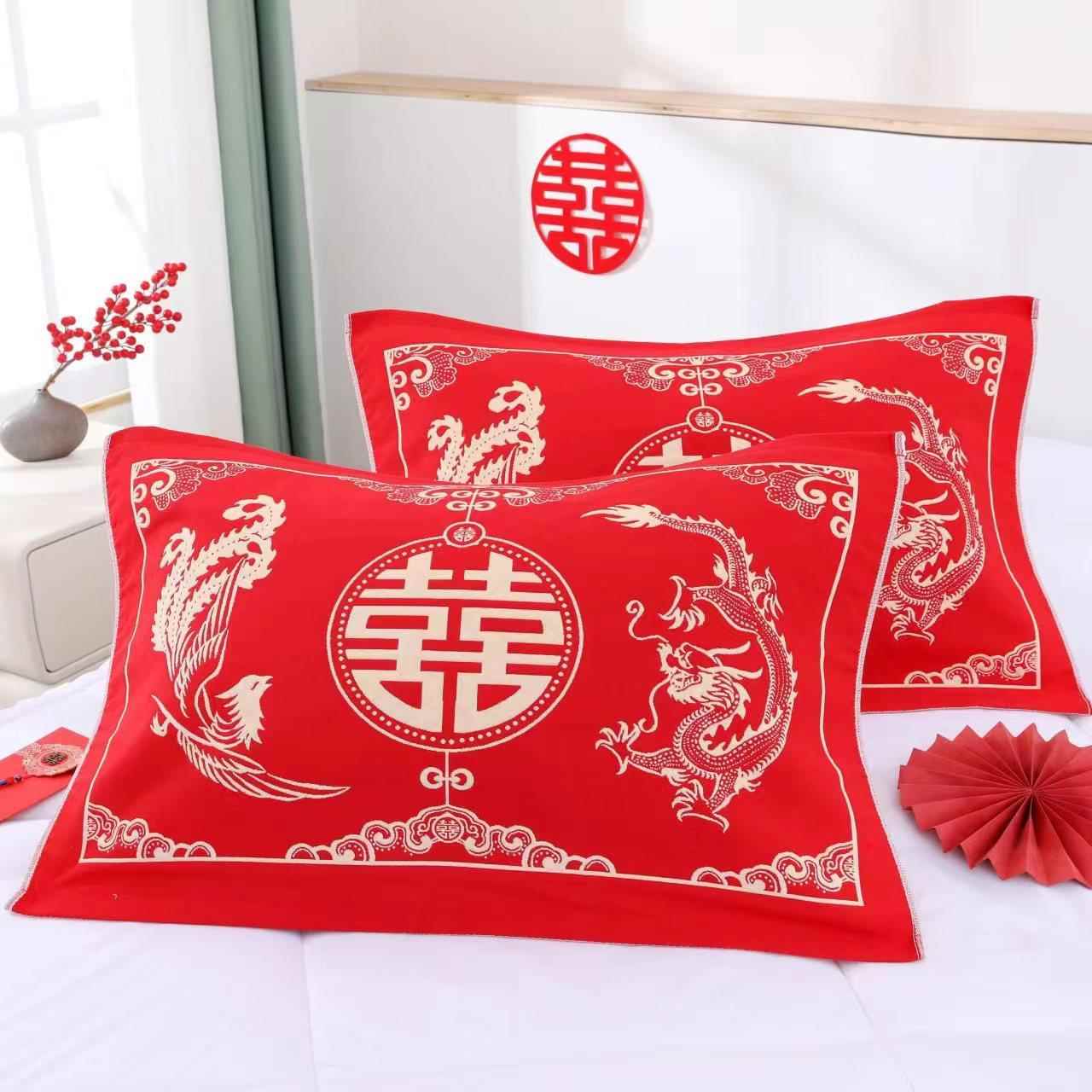 纯棉纱布结婚枕巾一对大红色枕巾新婚房枕头巾婚庆枕巾回礼物情侣