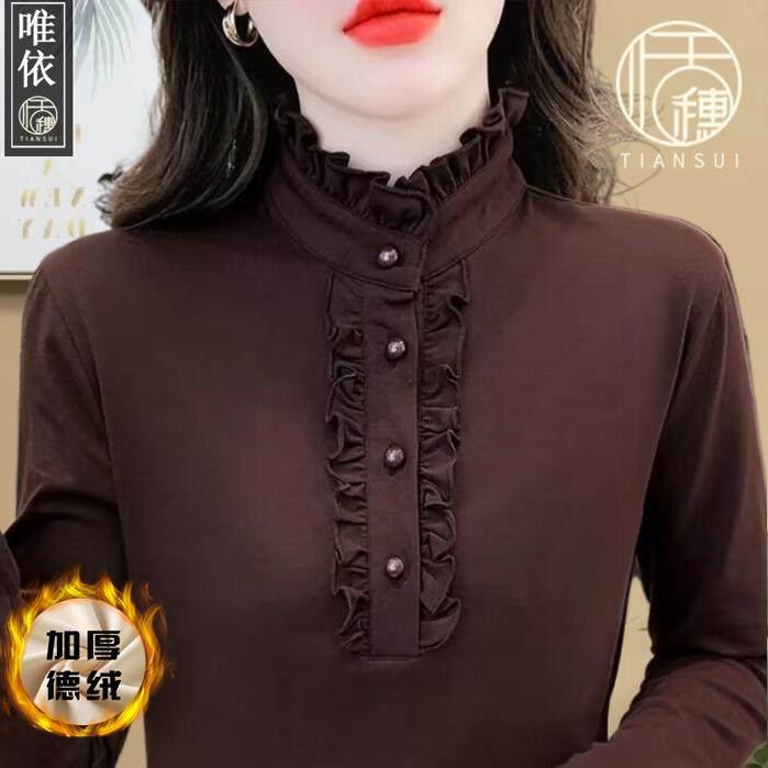 推荐打底内搭加厚双面德绒2026秋冬季新款木耳边女士t恤长袖保暖