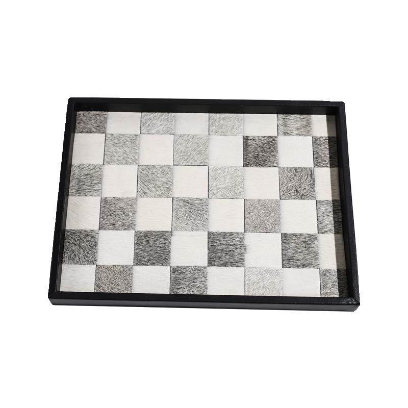 黑白棋盘格马毛托盘摆件ins风卫生间北欧首饰咖啡杯桌面收纳盘