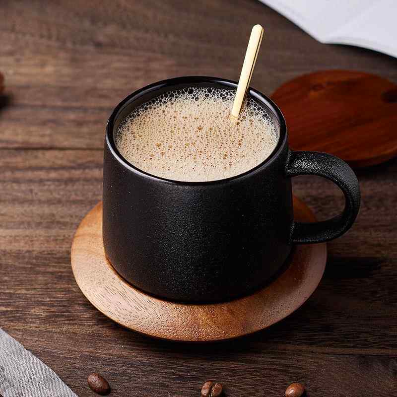 T4kzi德国陶瓷杯带盖勺黑色磨砂咖啡杯配底座创意马克杯咖啡水杯