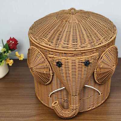 藤编创意大象家储物箱手工编织居带盖量大容脏篓大衣象收纳NRT筐