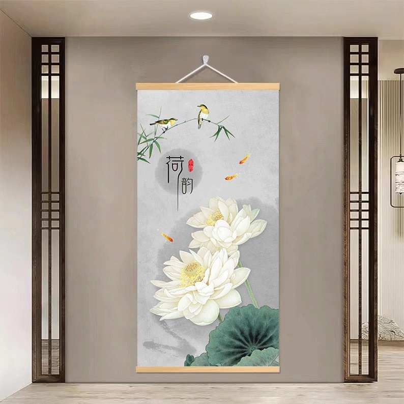 新中式荷花装饰画入户门玄关客厅装饰画挂布背景布布艺挂画遮挡画图片