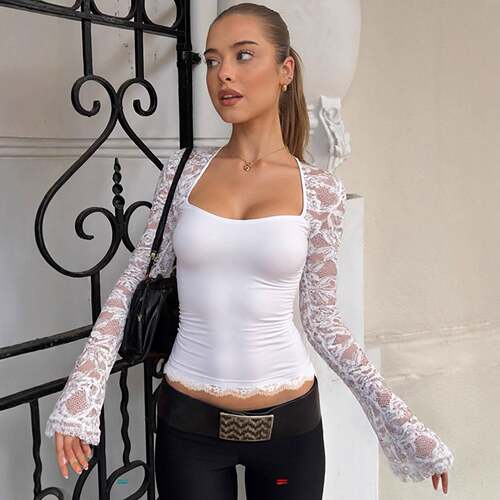 Elegant Sexy Transparent Lace Patchwork Slim Fit Square Neck