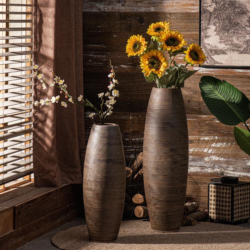 景德镇落地大号花瓶手工螺纹雕刻粗陶罐客厅酒店民宿复古装饰摆件