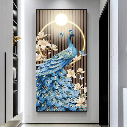 孔雀客厅入户玄关装饰画走廊过道墙壁挂画2023年新款镶钻晶瓷壁画