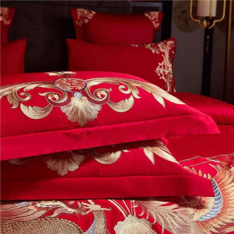 支加密长绒棉龙凤Hft高红色四件套棉被套纯刺绣大红嫁结婚床上用