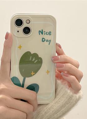 柯柯ins绿色小众郁金香花朵iphone15手机壳适用苹果13promax简约小清新12/11硅胶xr/xsmax全包防摔新款14pro/