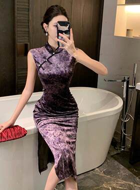 新中式丝绒印花烫钻国风改良旗袍中长款晚礼服性感开叉包臀连衣裙