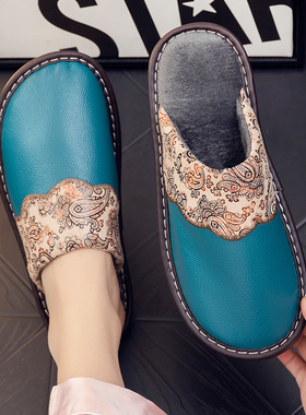 24新款牛皮面防水秋冬季男女情侣棉拖鞋牛筋底防滑冬天保暖家居鞋