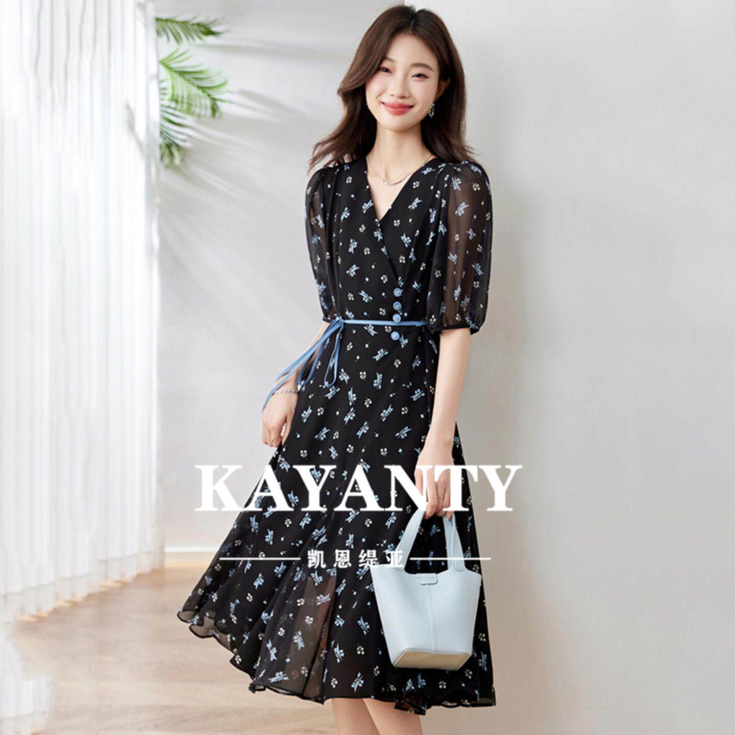 KAYANTY高级感小碎花连衣裙女夏新款V领气质收腰修身洋气减龄裙子