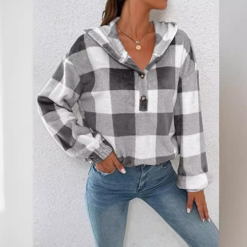 Plaid Half-open Collar Button Hooded Plush Loose Casual