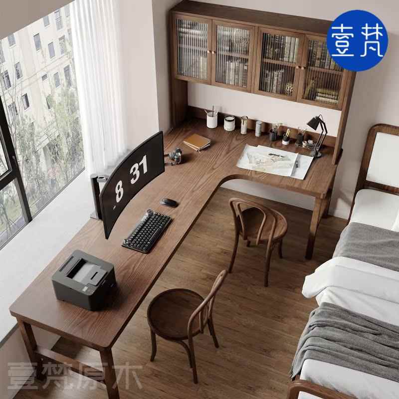 转角双人书桌带书柜一体桌书房儿童学习写字桌简约长条办公电脑桌