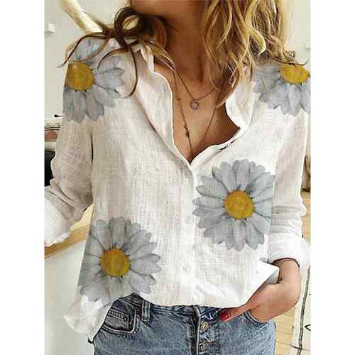White long sleeved collar printed chrysanthemum shirt