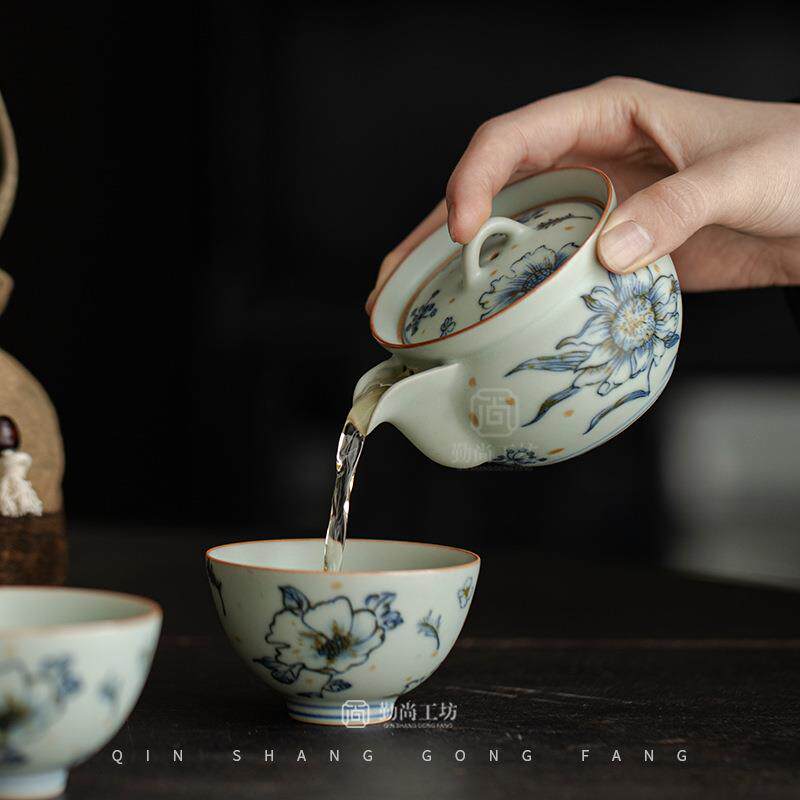 仿古青花陶瓷旅行茶具小套组天青汝窑一壶两杯户外便携快客杯套装