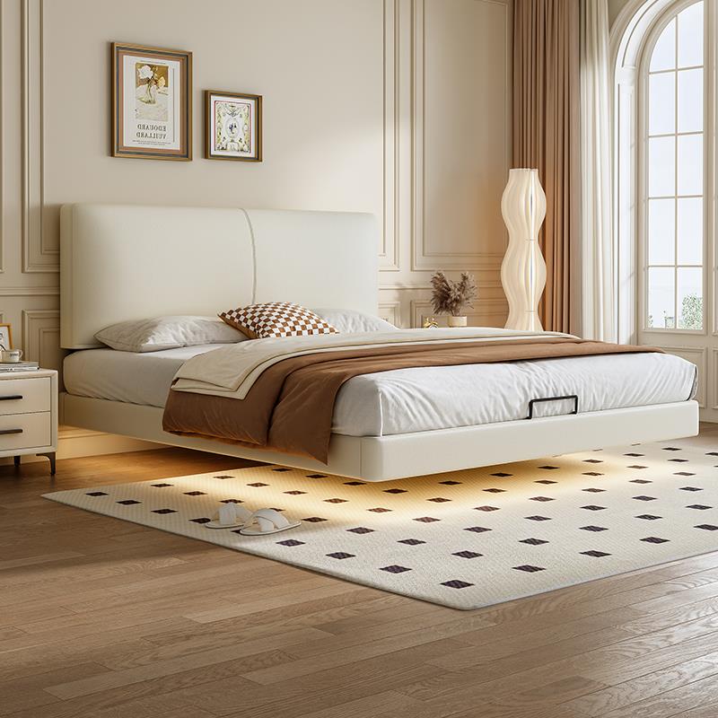 2025新款碳素钢悬浮床1米5主卧实木双人床奶油风悬浮床带感应灯条