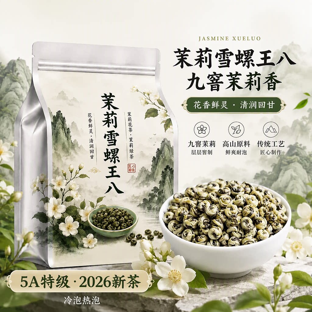 5A特级九窨茉莉花茶雪螺王白兰花大叶雪芽冷泡热泡2026新茶旗舰店