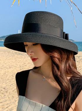黑色草帽遮阳和防晒海边沙滩帽士大沿太春女士帽子0123k