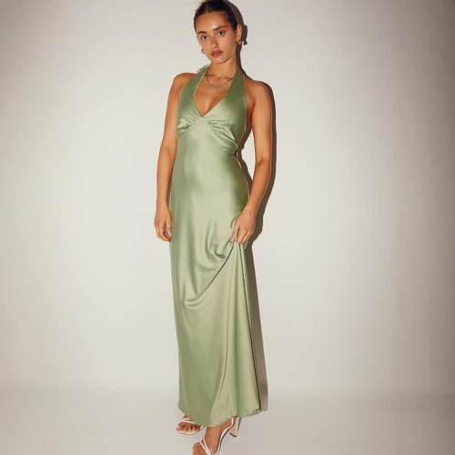Women Long Satin Dress Solid Color VNeck TieUp Halter Neck