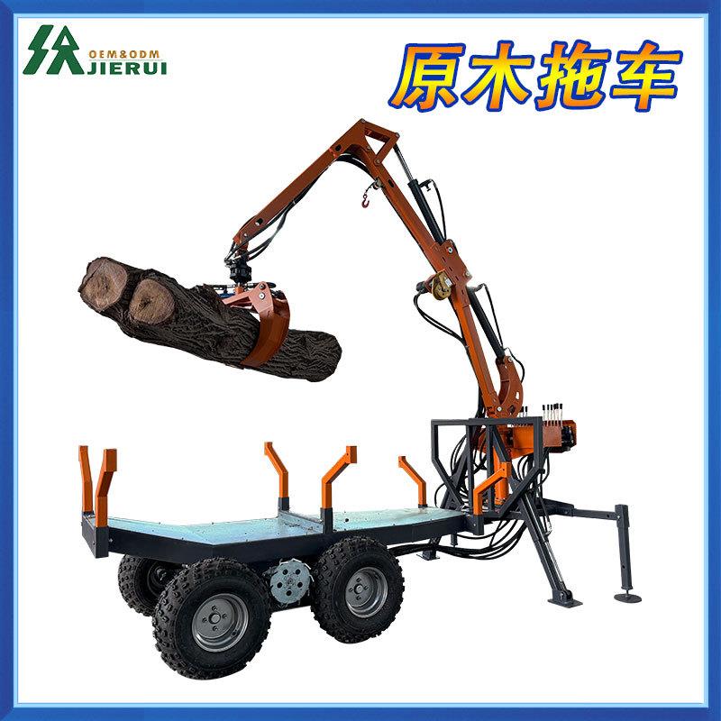 1吨级原木拖车带折臂起重机集成抓木机功能完成装卸与移动工序