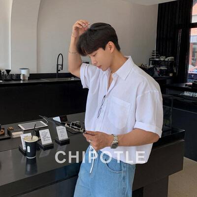 韩国CHIPOTLE老钱风棉麻白色短袖衬衫男士2026夏季复古高级感衬衣