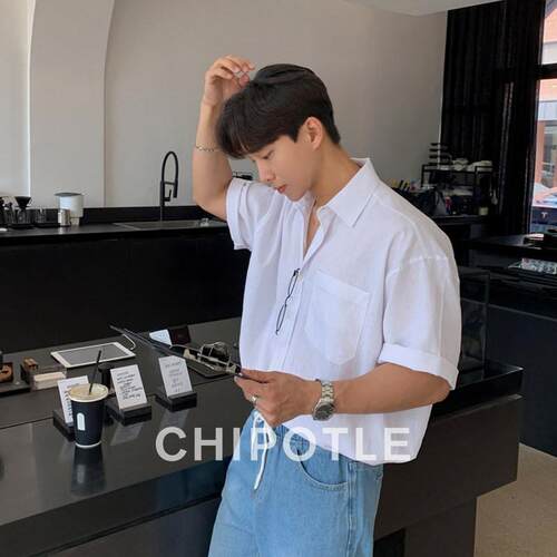 韩国CHIPOTLE老钱风棉麻白色短袖衬衫男士2026夏季复古高级感衬衣