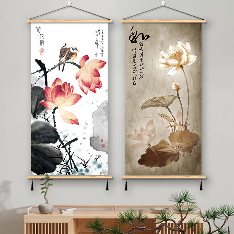 荷花新中式荷花办公室书房装饰画入口客厅挂画布艺背景墙画壁画图片