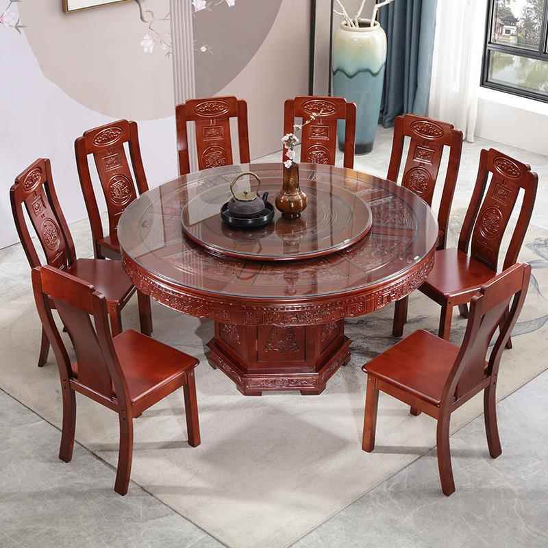 m酒y橡中式全实木圆形餐桌椅组合FQA花家用带转盘大圆桌店10人木