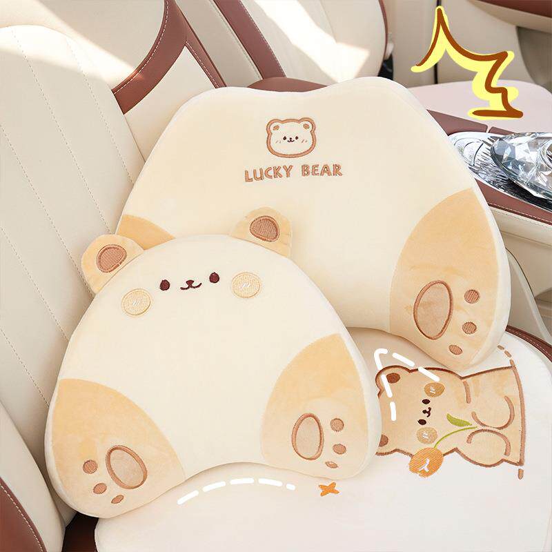 直销新款汽车头枕可爱立体熊兔车用座椅护颈枕腰枕卡通毛绒记忆棉