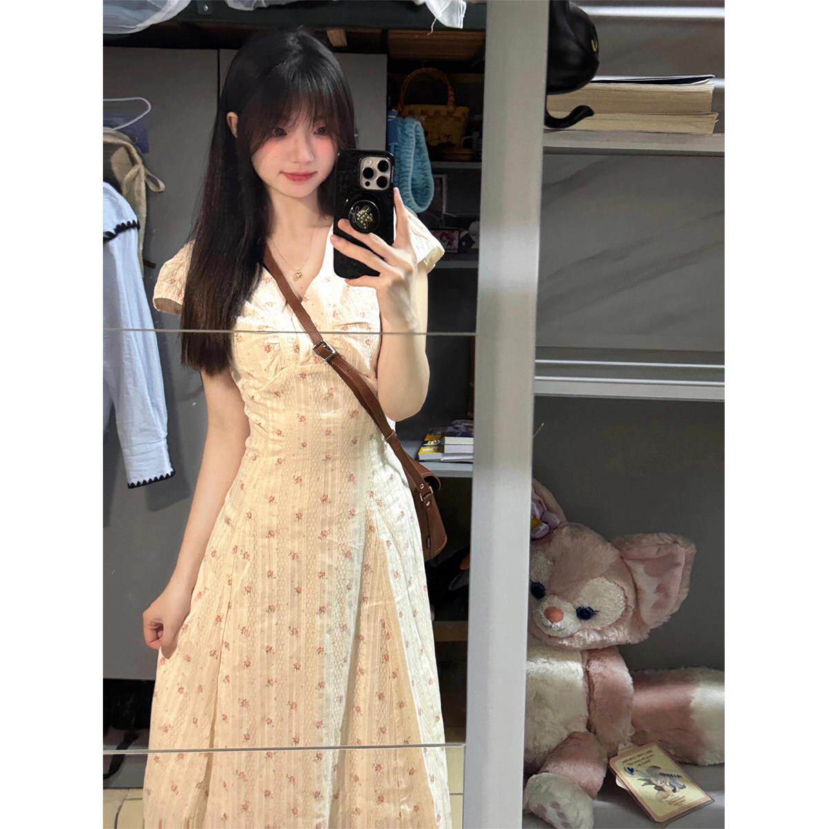 法式学院风甜美碎花洋装女夏日绝美公主裙小个子气质收腰长裙子