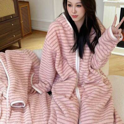 韩版可爱少女心米粒绒连帽睡衣外袍女秋冬加绒加厚保暖家居服外穿