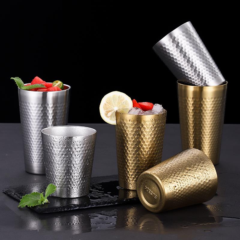 韩式304不锈钢啤酒杯大容量加厚双层防烫水杯防摔餐厅果汁杯茶杯