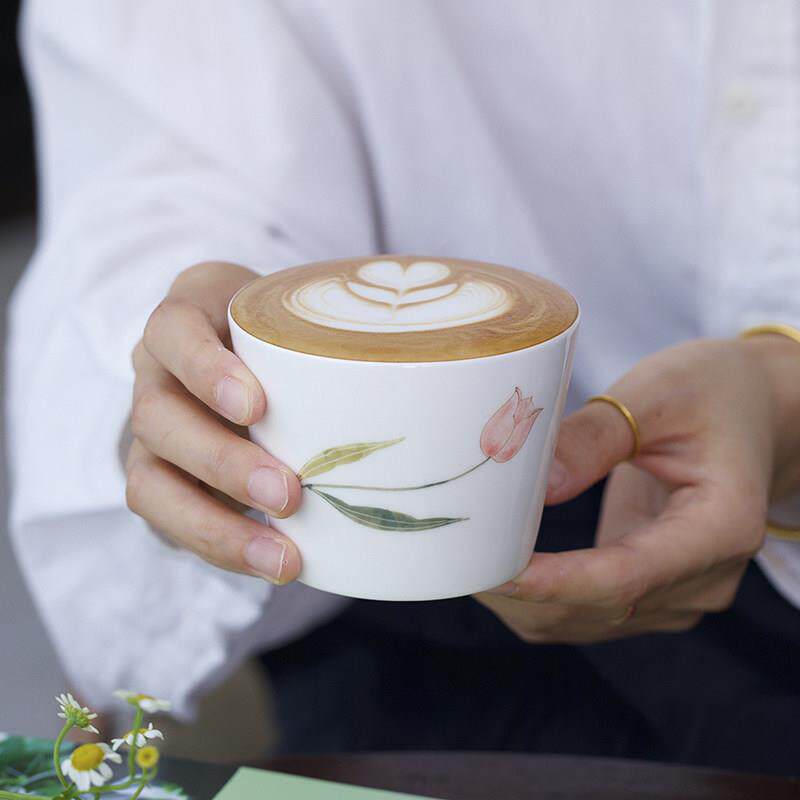 曼叙景德镇手绘釉下陶瓷咖啡杯家用卡布奇诺拉花杯礼盒装阔口水杯