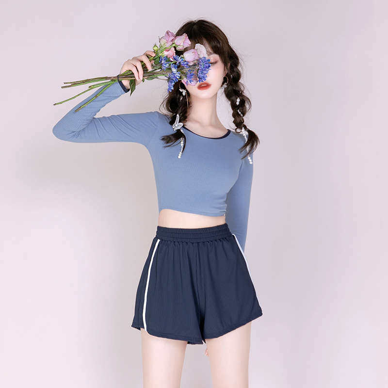 青少年泳衣女款学生夏游泳馆专用少女分体式保守长袖平角裤小个子