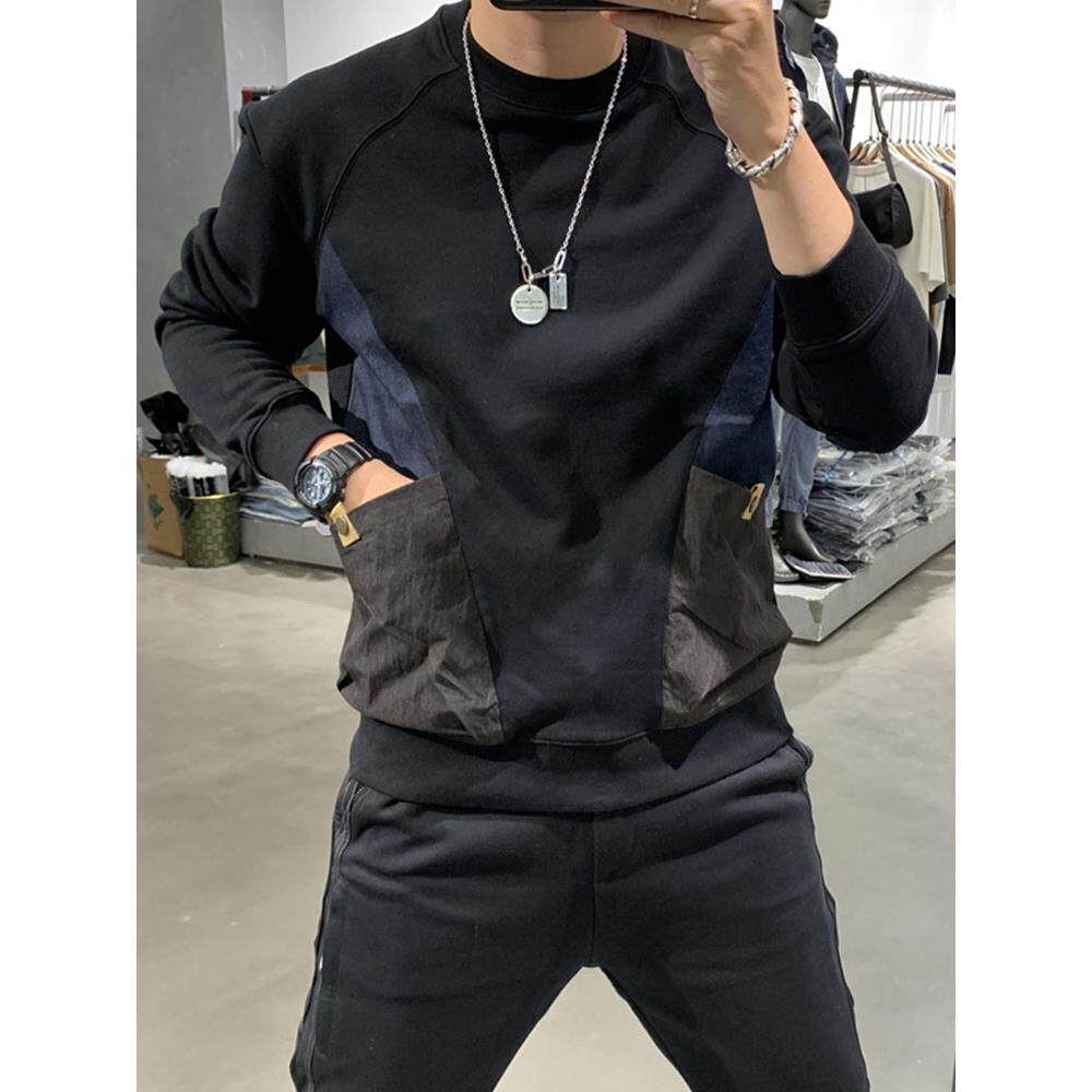 2025秋冬新款潮牌拼接口袋卫衣男士高端个性潮流痞帅圆领休闲上衣