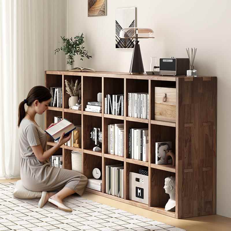 实木书架落地置物架柜子储物柜靠墙组合格子家用客厅幼儿园矮书柜