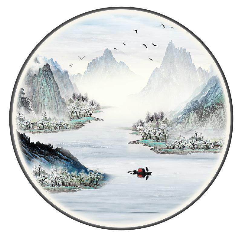 新中式圆形装饰画LED灯画发光挂画玄关画过道墙画水墨禅意山水画