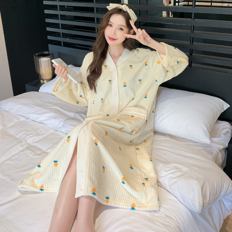 睡衣睡袍女秋冬季加厚珊瑚绒法兰绒开衫甜美可爱家居服裙子1027d