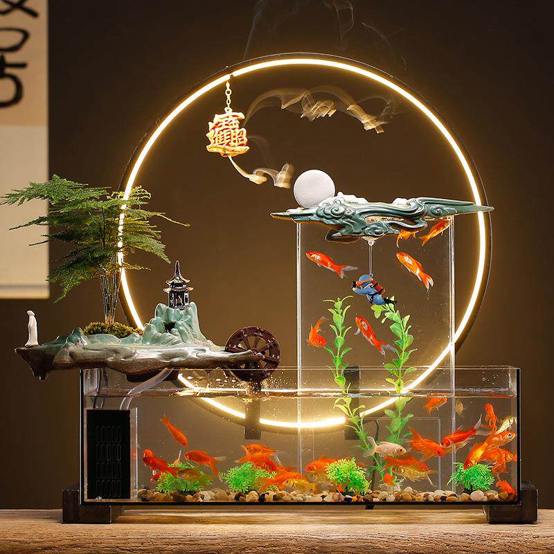 家用客厅循环流水鱼缸摆件创意电视柜办公室桌面玻璃造景生态水族