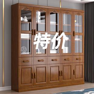 实木书柜带玻璃门书架组合3门6门储物柜书橱办公展 纯实木书柜中式